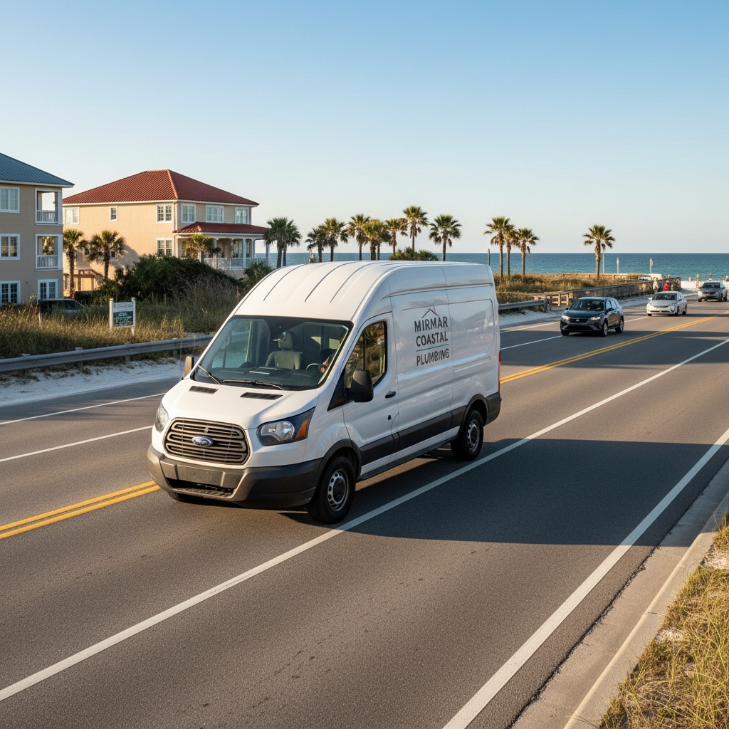 A white Mirmar Coastal Plumbing van drives along a coastal road near beach houses and palm trees.