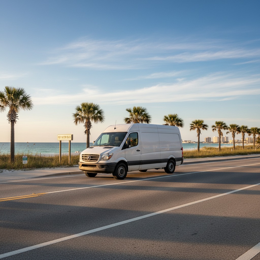 A white cargo van drives along a coastal road lined with palm trees near a beach.