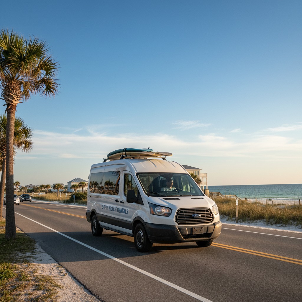 A white rental van with surfboards on its roof drives along a coastal road next to the beach.
